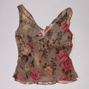 Vintage Sussan Brown Semi Sheer Double Lined Floral Tanktop With Beading